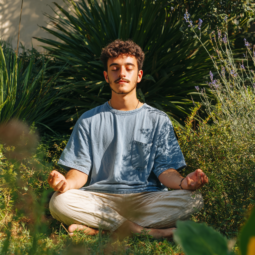 Középkorú magyar nő békés jógapózban, természetes környezetben, mosolyogva gyakorol